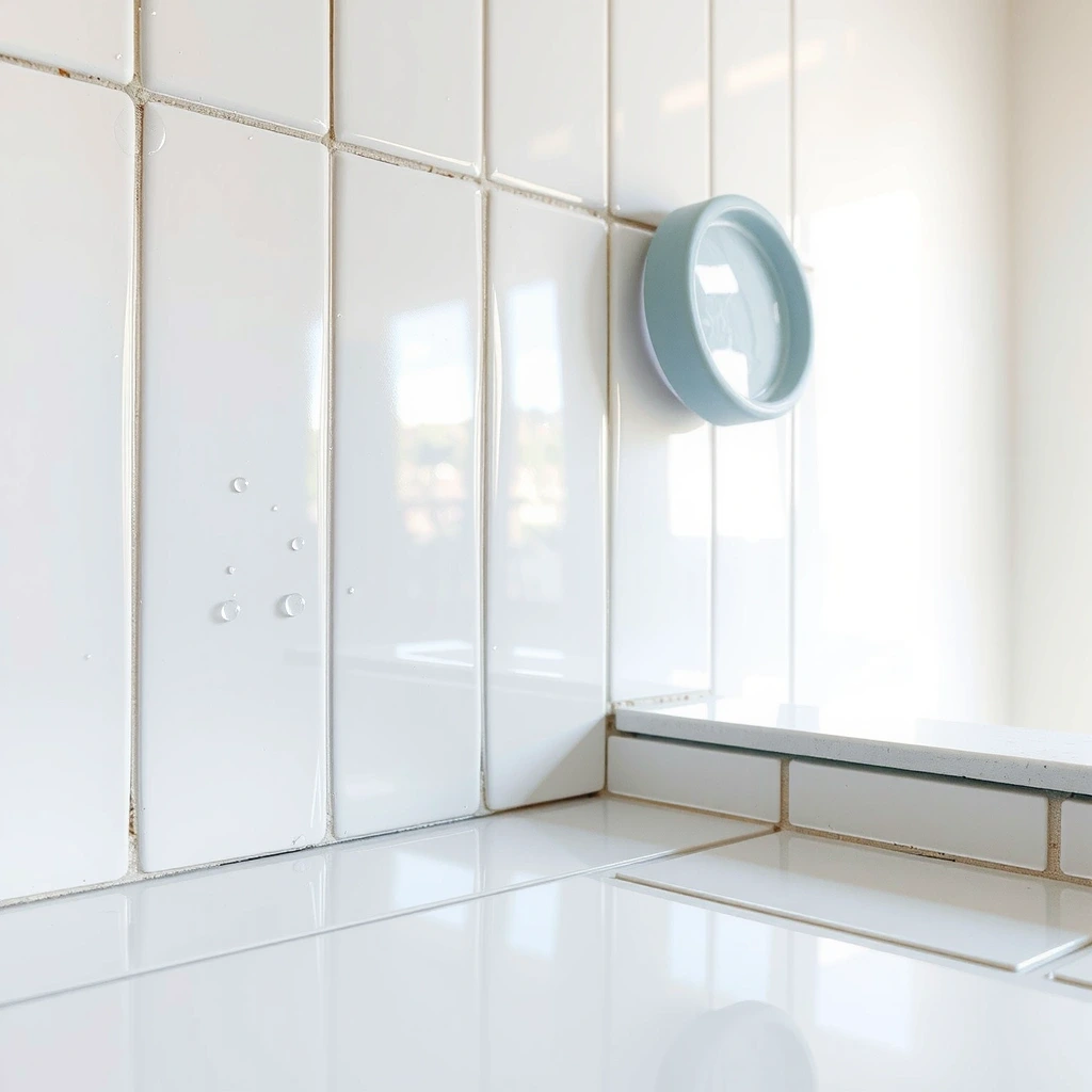 Sparkling clean bathroom tiles with water droplets